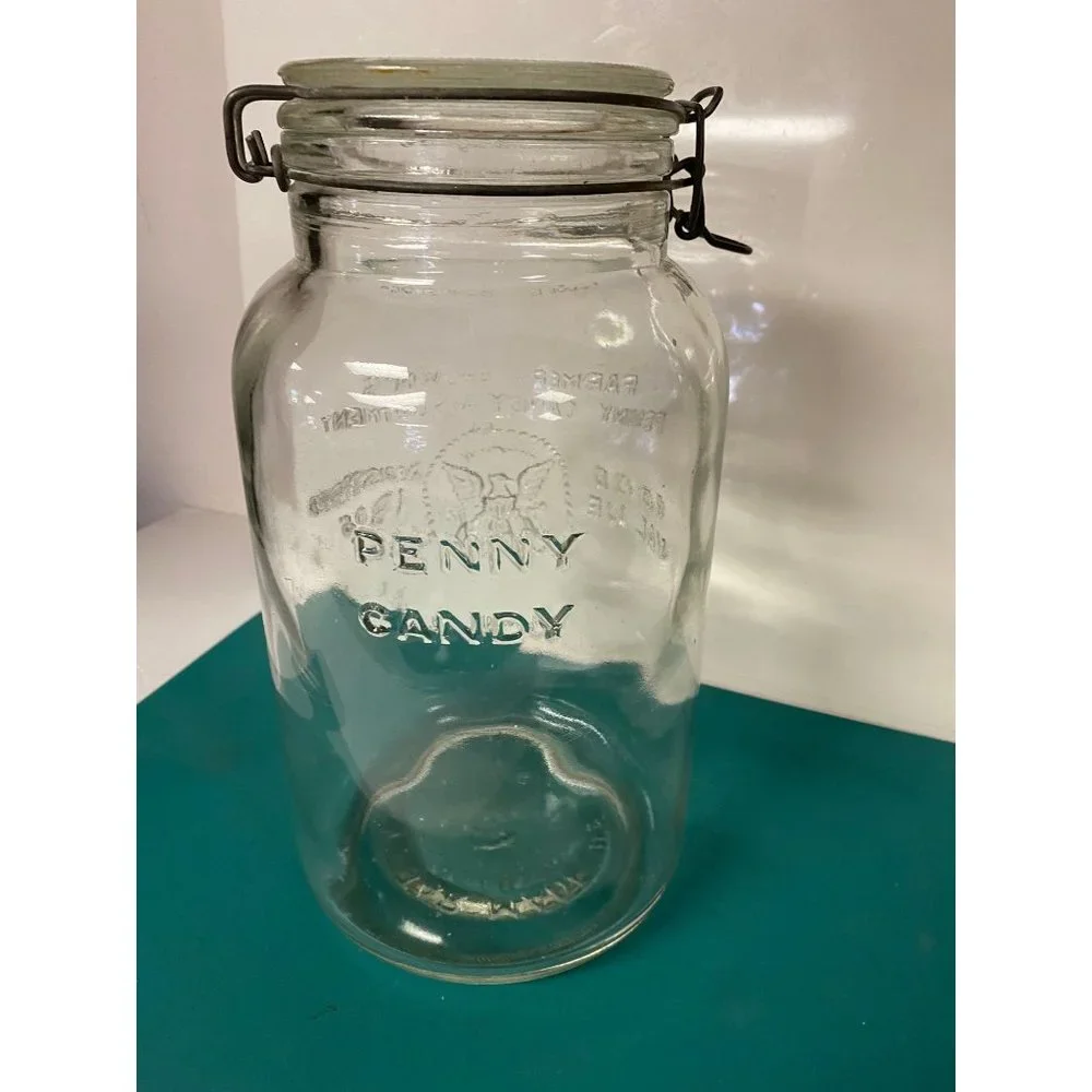 1966 Vintage Farmer Brown’s Penny Candy 4 Quart Mason Jar Wire Bale top/handle